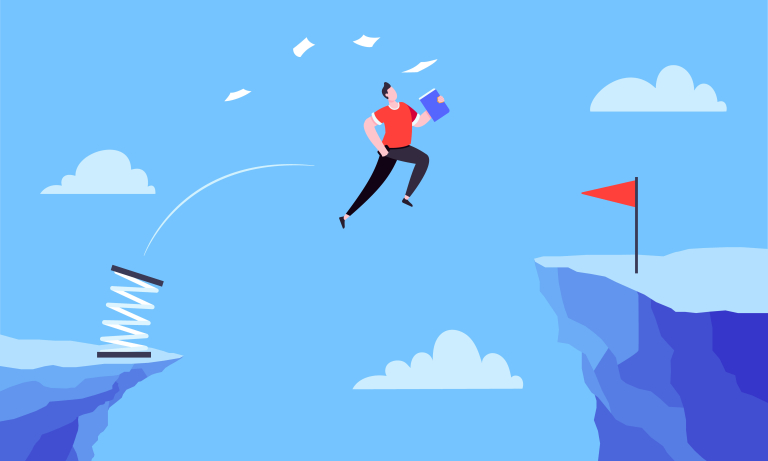 Illustration vectorielle au style épuré représentant un homme d'affaires sautant par-dessus un précipice