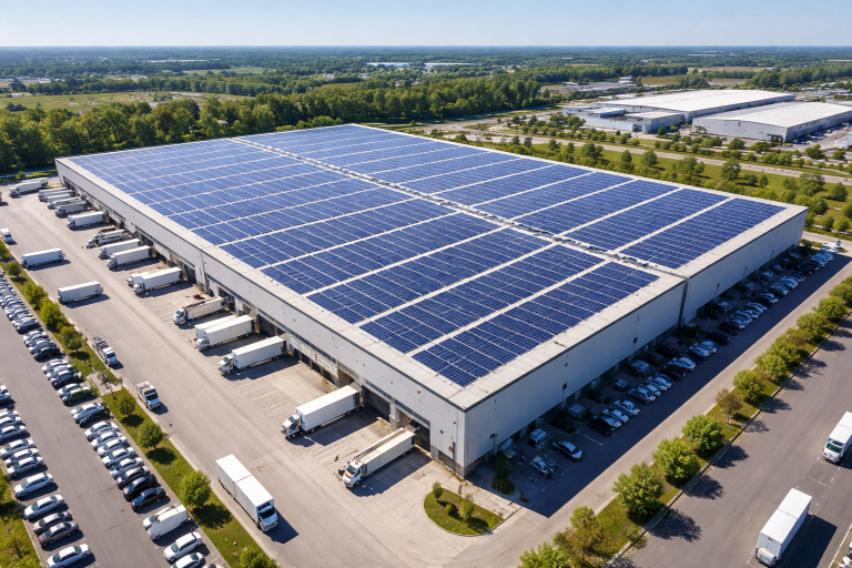 Centrale photovoltaïque en toiture d'un entrepôt logistique avec solution de stockage BESS et pilotage intelligent.